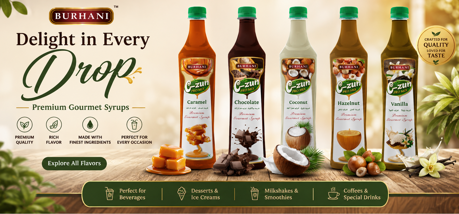 A promotional banner for Burhani Gourmet Syrups showing six bottles of different flavors lined up on a wooden surface: Caramel, Chocolate, Coconut, Hazmelt, Vanilla, and a green-flavored variant. The background is a warm, golden-toned lifestyle setting with decorative leaves and text highlighting premium quality and variety.